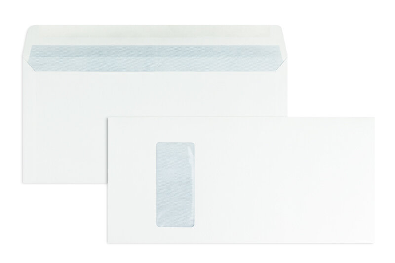 enveloppes blanc 152 x 315 mm | 100 g/m² offset | avec fenêtre | fermeture gommée | rabat droit | 250 pièces
