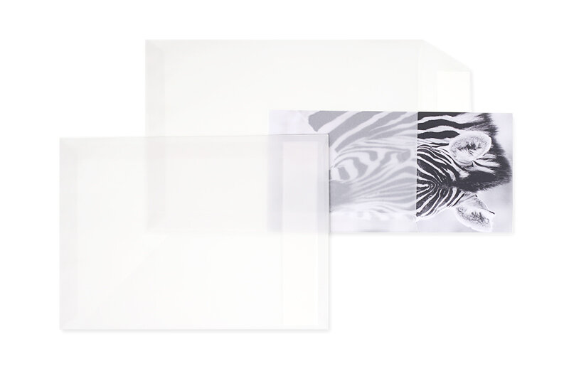 pochettes transparentes blanc (transparent blanc) 176 x 250 mm (b5) | 90 g/m² offset | sans fenêtre | fermeture adhésive | rabat droit | 100 pièces