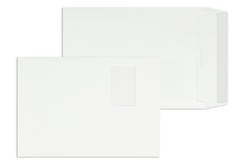 pochettes blanc (blanc très brillant) 229 x 324 mm (c4) | 120 g/m² conqueror texture | avec fenêtre | fermeture adhésive | rabat droit | 250 pièces