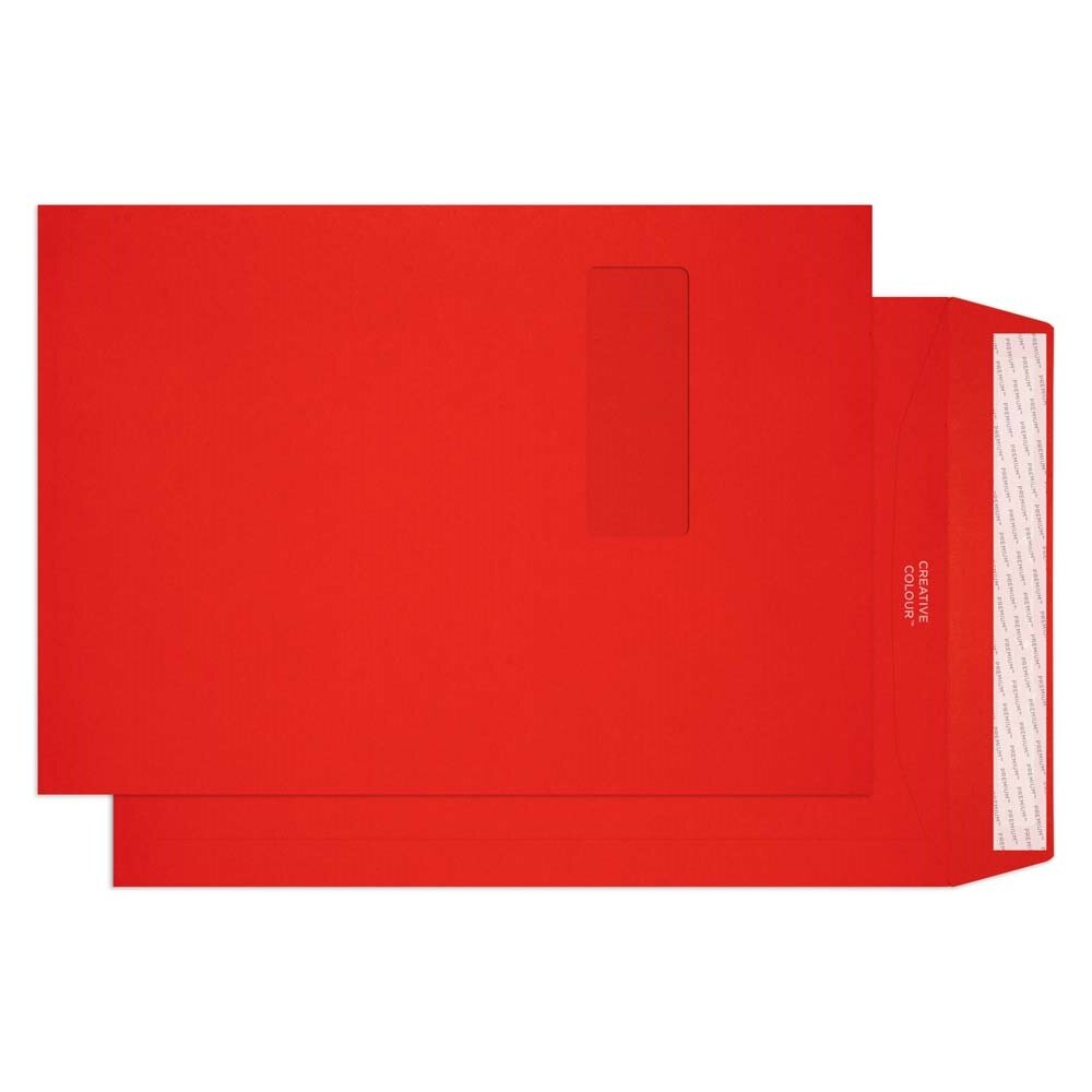 pochettes colorées rouge (rouge intense) 229 x 324 mm (c4) | 120 g/m² offset | avec fenêtre | fermeture adhésive | rabat droit | 250 pièces