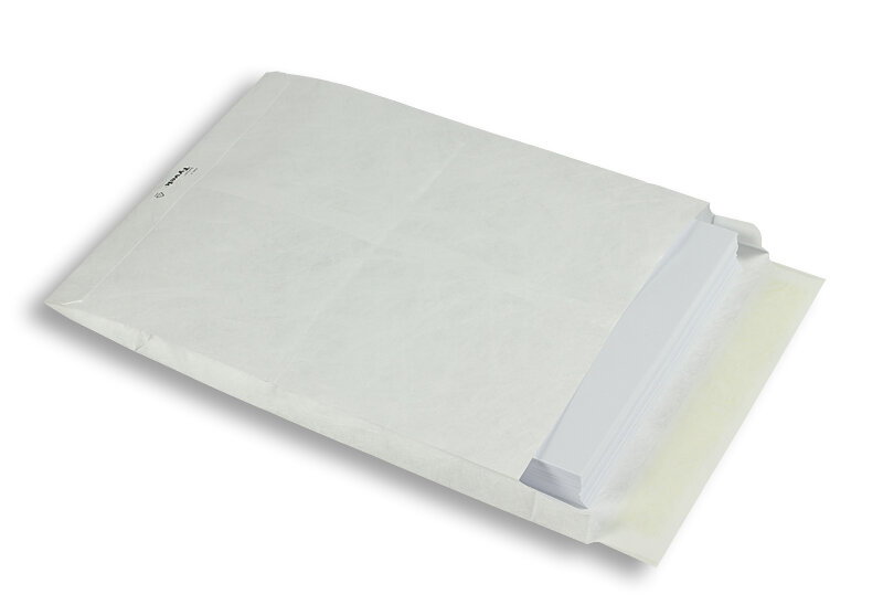 pochettes à rabats blanc 250 x 330 x 38 mm | 55 g/m² tyvek (indéchirable) | sans fenêtre | fermeture adhésive | rabat droit | 100 pièces