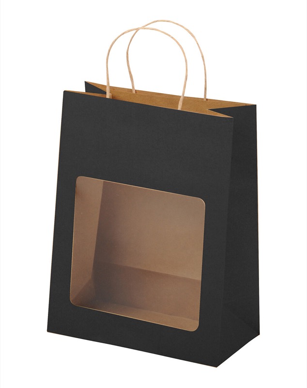 sacs papier colorées noir 225 x 285 x 115 mm | 160 g/qm kraft | avec fenêtre | pas de fermeture | pas de rabat | 12 pièces