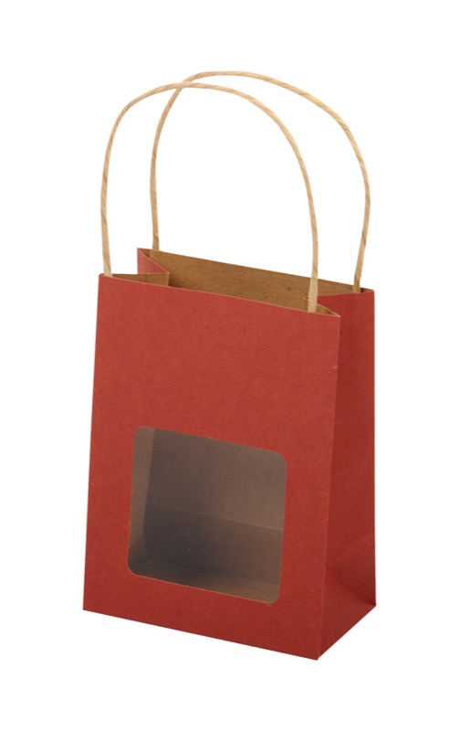 sacs papier colorées rouge (rouge foncé) 110 x 150 x 60 mm | 120 g/qm kraft | avec fenêtre | pas de fermeture | pas de rabat | 12 pièces