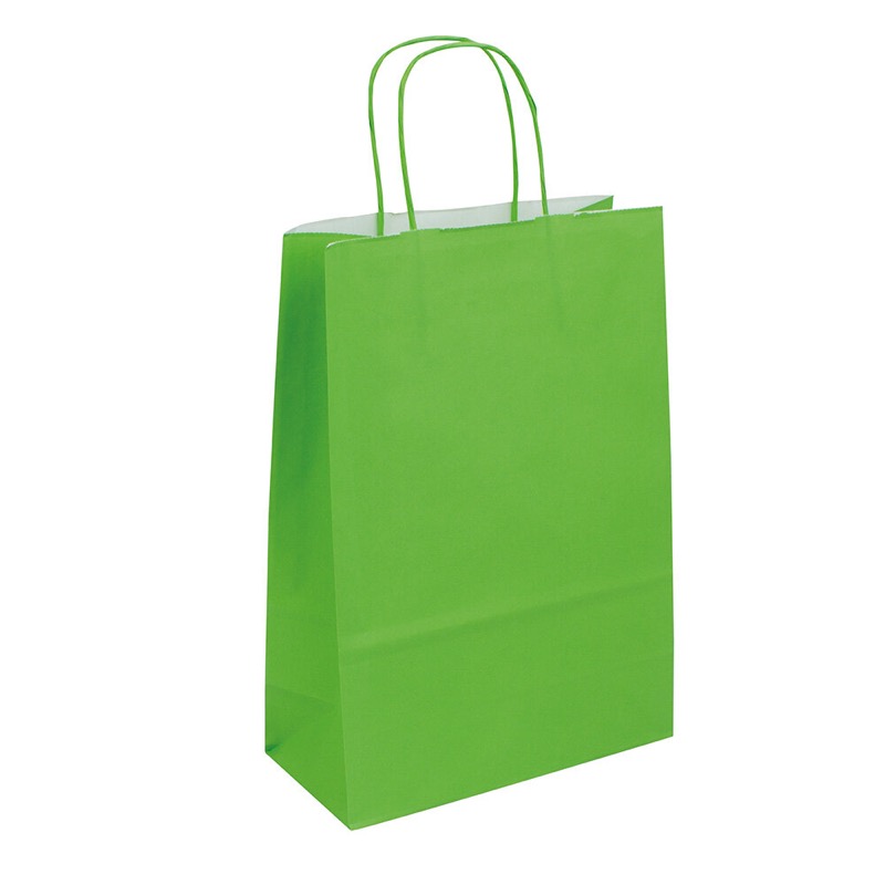 sacs papier colorées vert (vert clair) 220 x 310 x 100 mm | 90 g/qm kraft | sans fenêtre | pas de fermeture | pas de rabat | 250 pièces