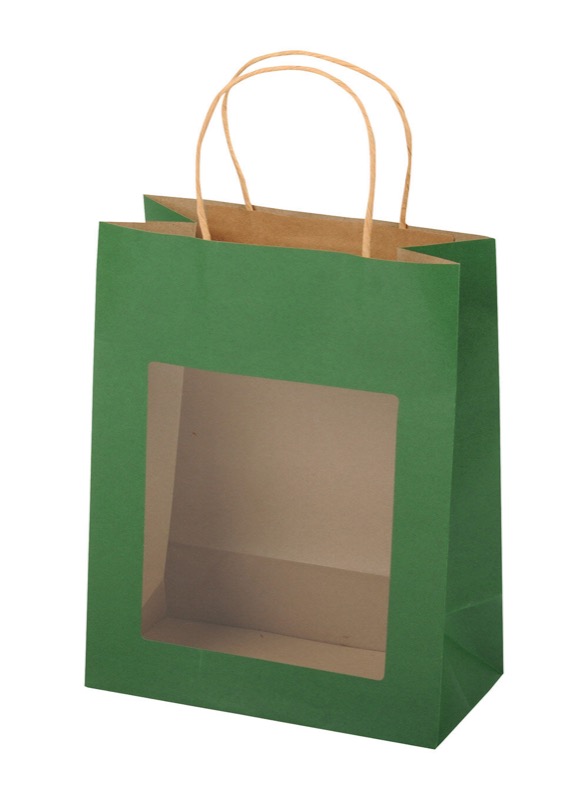 sacs papier colorées vert (vert foncé) 110 x 150 x 60 mm | 160 g/qm kraft | avec fenêtre | pas de fermeture | pas de rabat | 12 pièces