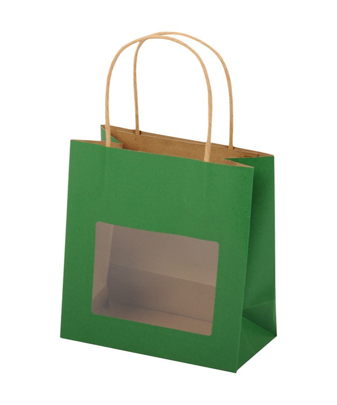 sacs papier colorées vert (vert foncé) 185 x 195 x 95 mm | 120 g/qm kraft | avec fenêtre | pas de fermeture | pas de rabat | 12 pièces