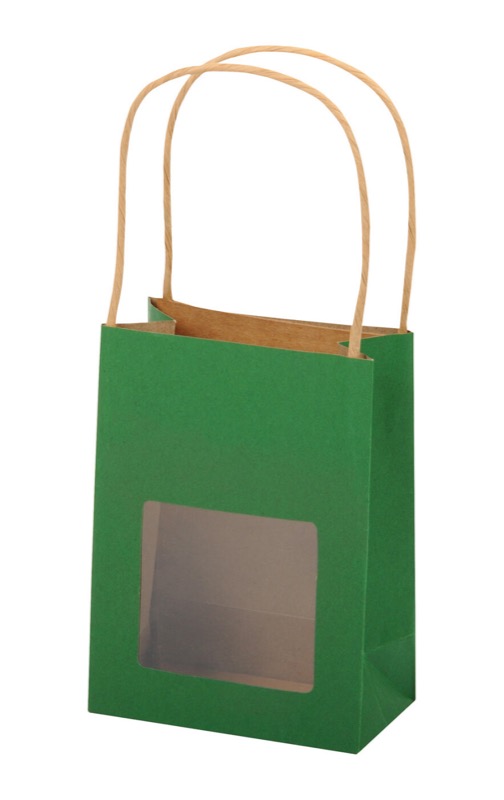 sacs papier colorées vert (vert foncé) 225 x 285 x 115 mm | 120 g/qm kraft | avec fenêtre | pas de fermeture | pas de rabat | 12 pièces