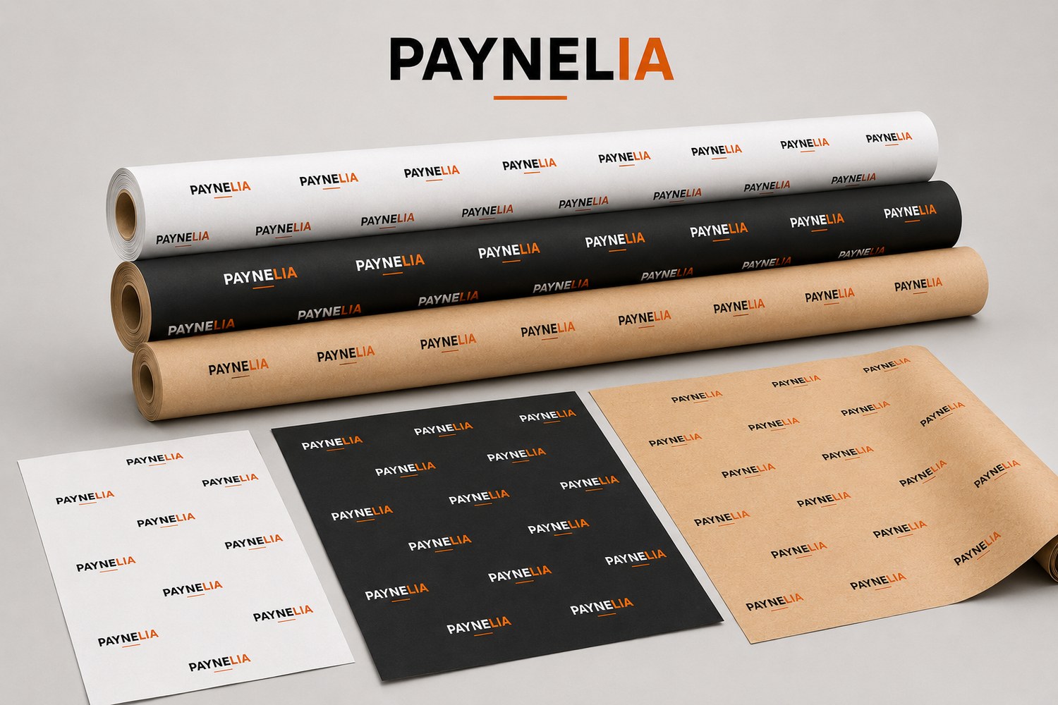 Papier cadeau personnalisé en rouleau et en feuilles, blanc, noir et kraft — Paynelia