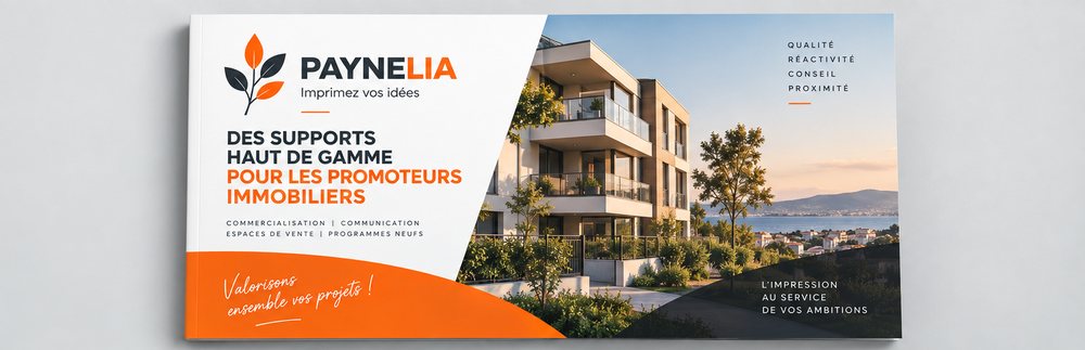 Plaquette commerciale de promoteur immobilier, format A4 paysage, couverture