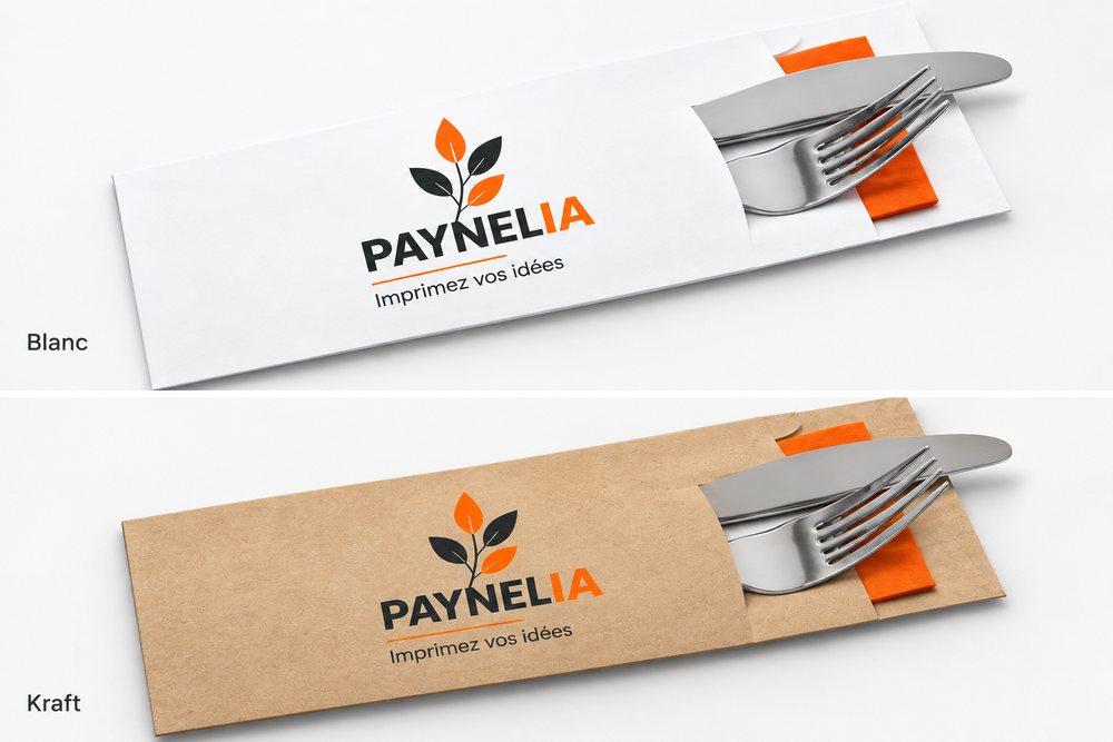 Pochettes à couverts personnalisées blanc et kraft, serviette incluse — Paynelia