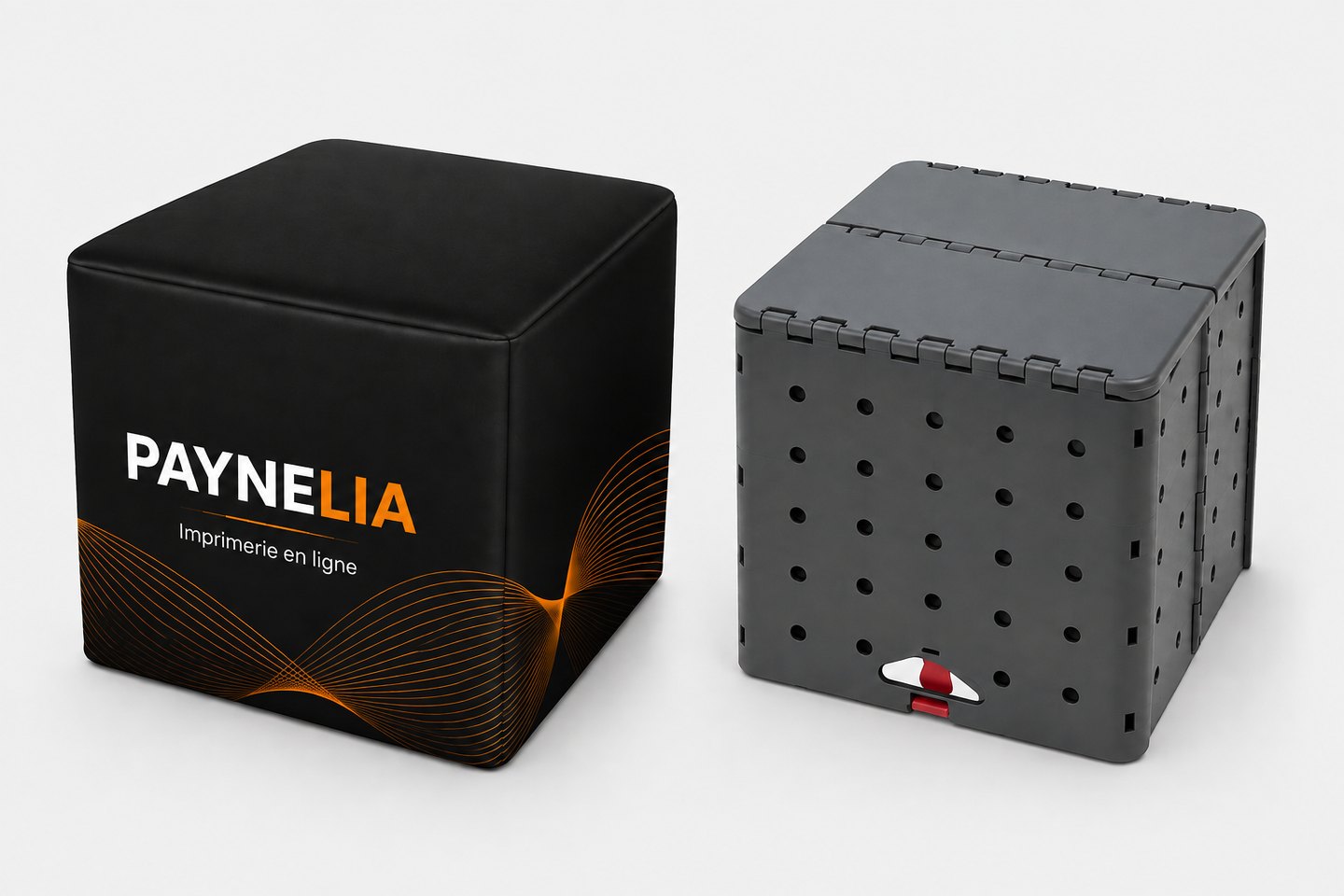 Pouf cube publicitaire Paynelia : le pouf habillé et sa structure pliable en polypropylène