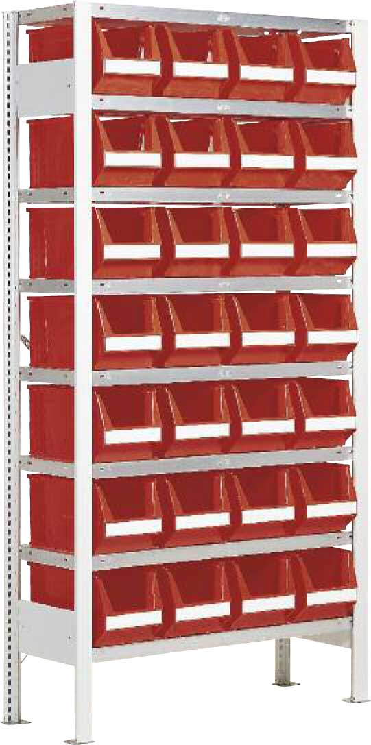 Rayonnage avec 28 bacs à bec 11 litres Futura — plexiglas, 28 compartiments