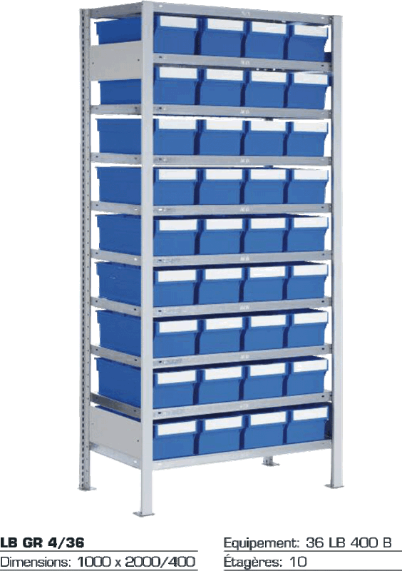 Rayonnage de 36 bacs LB 400 B sur 10 étagères — métal, 36 compartiments