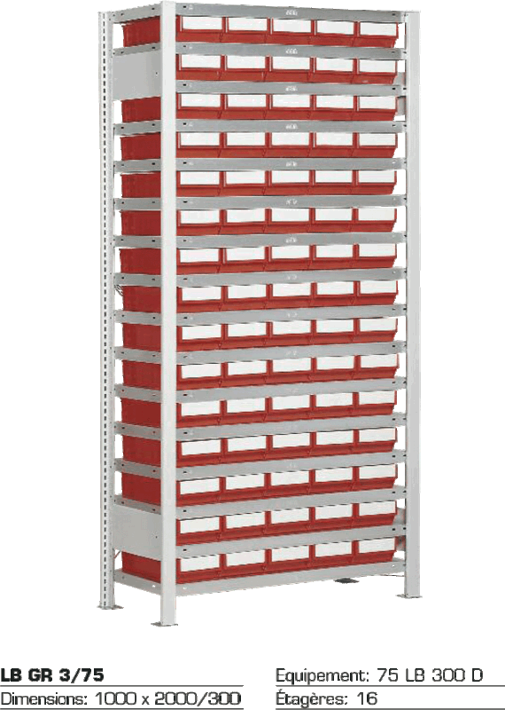 Rayonnage de 75 bacs LB 300 D sur 16 étagères — métal, 75 compartiments