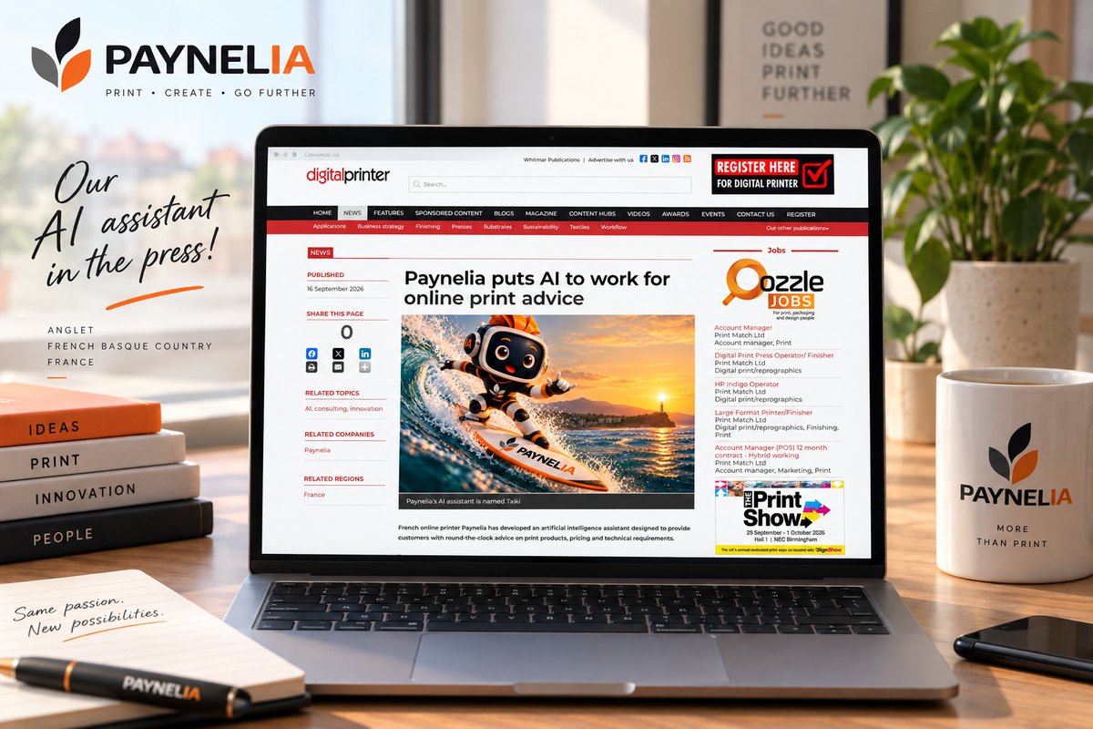 L&rsquo;article de Digital Printer consacr&eacute; &agrave; Paynelia, affich&eacute; sur un ordinateur portable