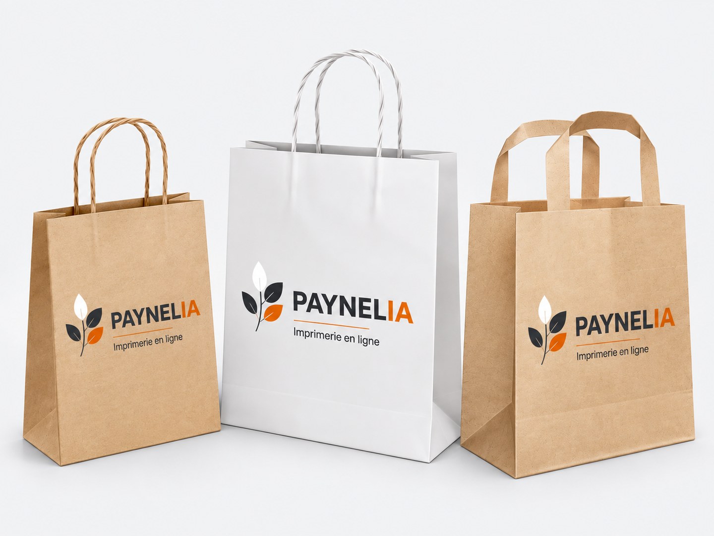 Sacs kraft personnalisés brun et blanc, poignée torsadée et plate, imprimés par Paynelia