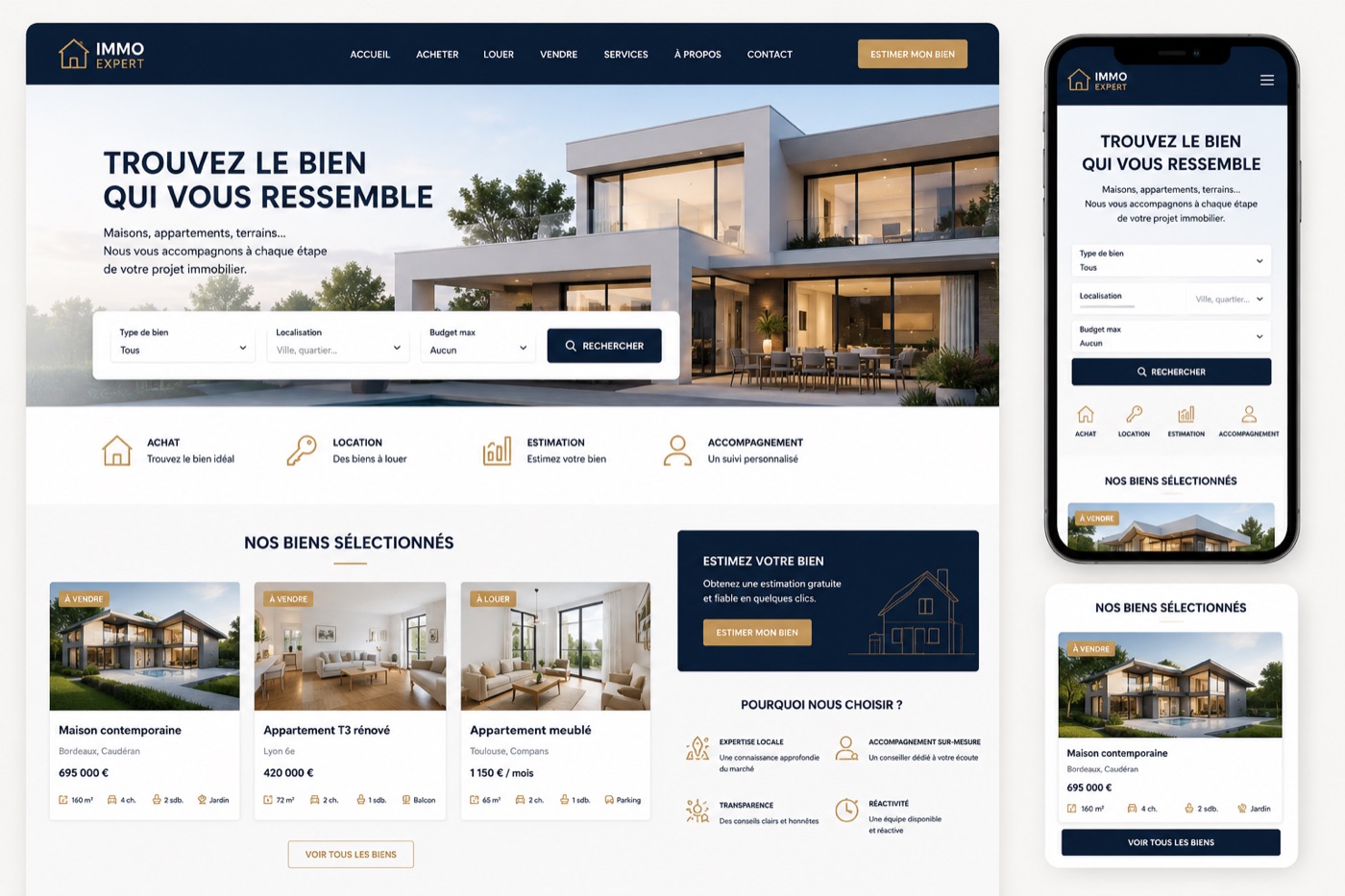 Maquette d'un site web immobilier : recherche de biens, fiches détaillées et estimation en ligne — Paynelia