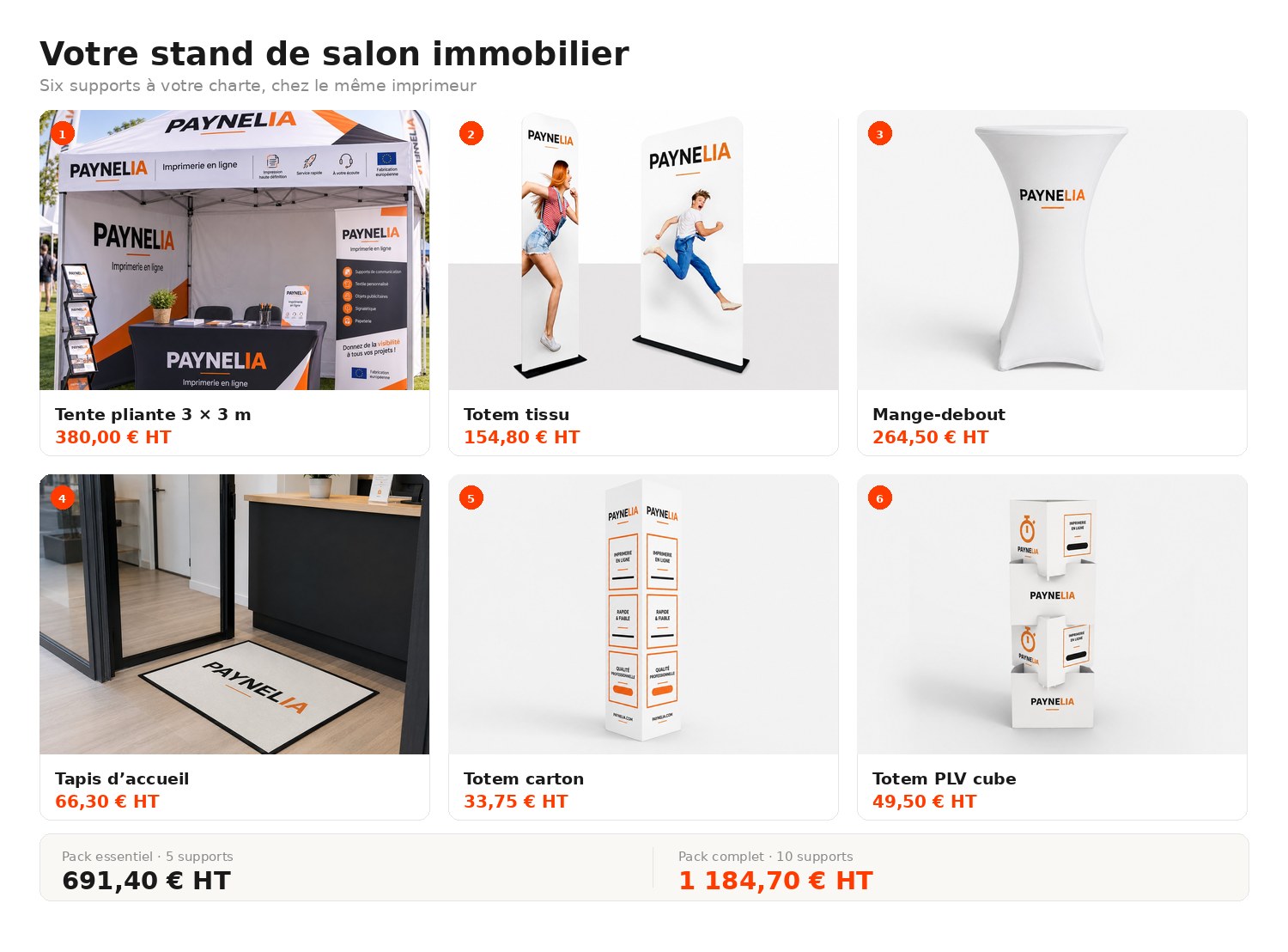 Les six supports d’un stand de salon immobilier : tente, totem tissu, mange-debout, tapis, totem carton et totem cube — Paynelia