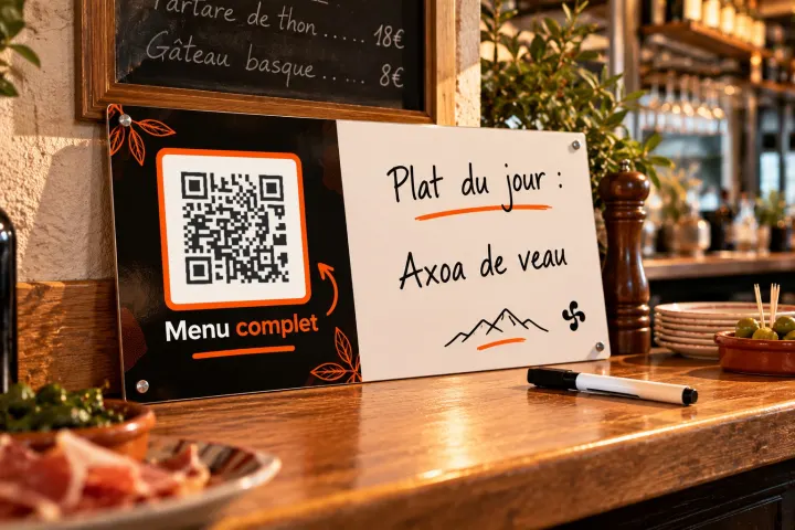 Plaque bistrot avec QR « Menu complet » et zone effaçable « Plat du jour »