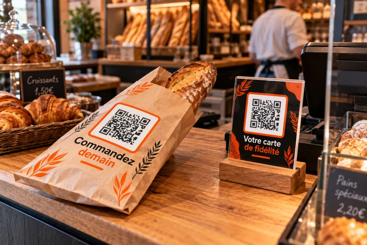 Comptoir de boulangerie avec QR code menant à la vitrine en ligne du commerce