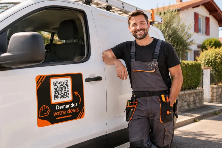 Magnet de camionnette d'artisan avec QR « Demandez votre devis »