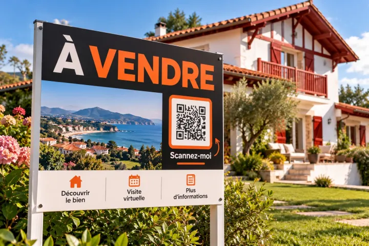 Panneau À vendre avec QR code devant une maison basque