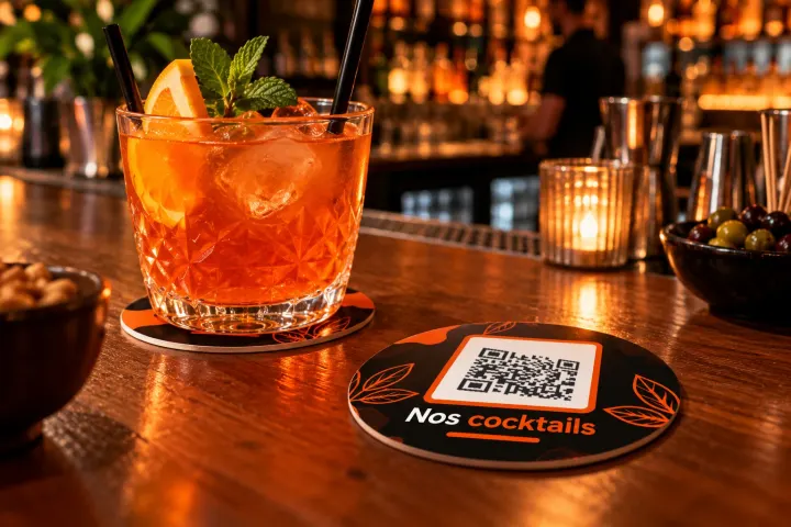 Sous-bock avec QR « Nos cocktails » sur un comptoir de bar