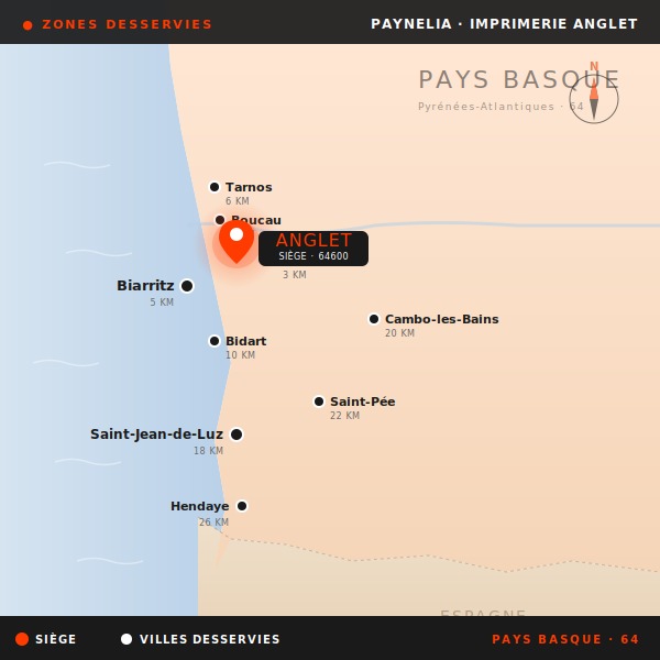Carte des zones desservies par l'imprimerie Paynelia Anglet — Bayonne, Biarritz, Pays Basque