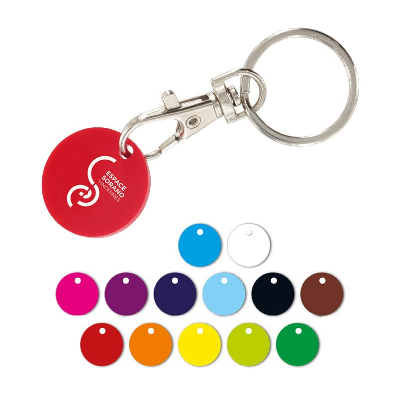 Porte-clés mousqueton métal avec jeton caddie personnalisable