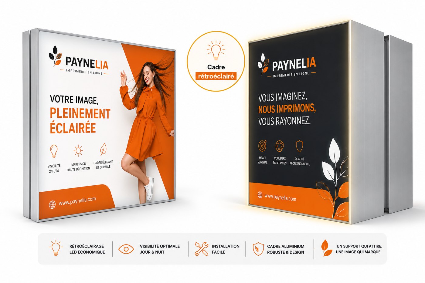Cadre tissu tendu autoportant Paynelia, version standard et rétroéclairée