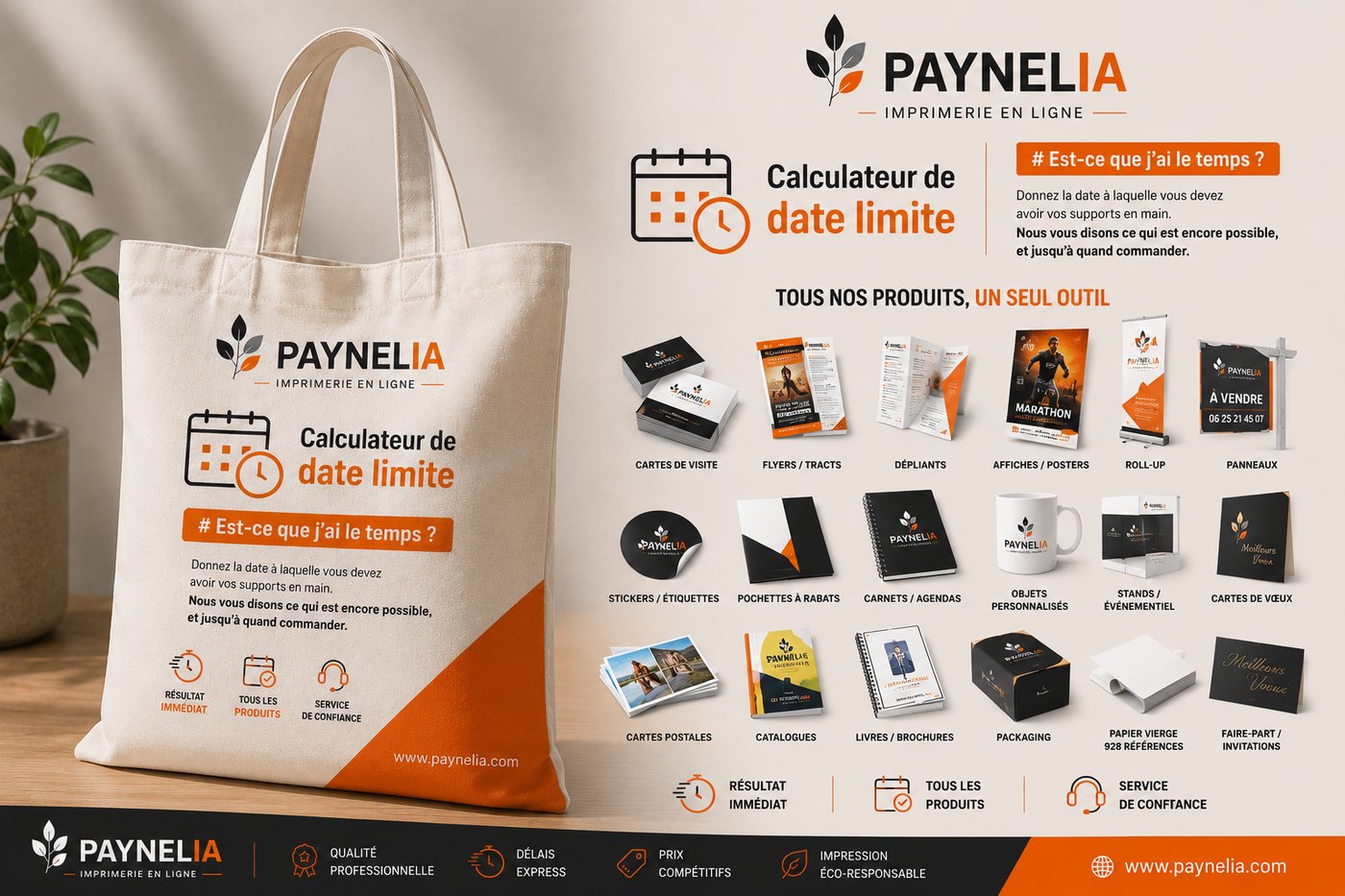 Calculateur de date limite Paynelia — cartes de visite, flyers, dépliants, affiches, roll-up, panneaux et objets personnalisés avec leur délai d'impression