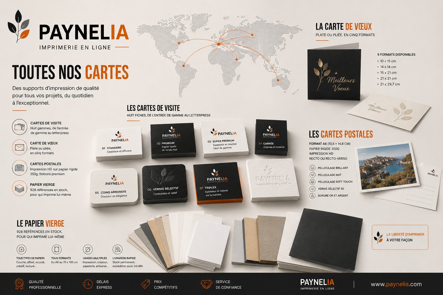 Impression de cartes Paynelia — cartes de visite, cartes de v&oelig;ux, cartes postales et papier vierge