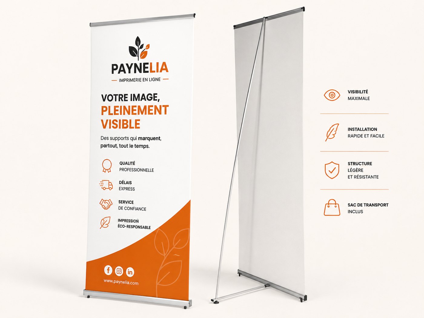 L-Banner personnalisé Paynelia — structure aluminium en L vue de face et de profil, toile tendue sur rails clippants
