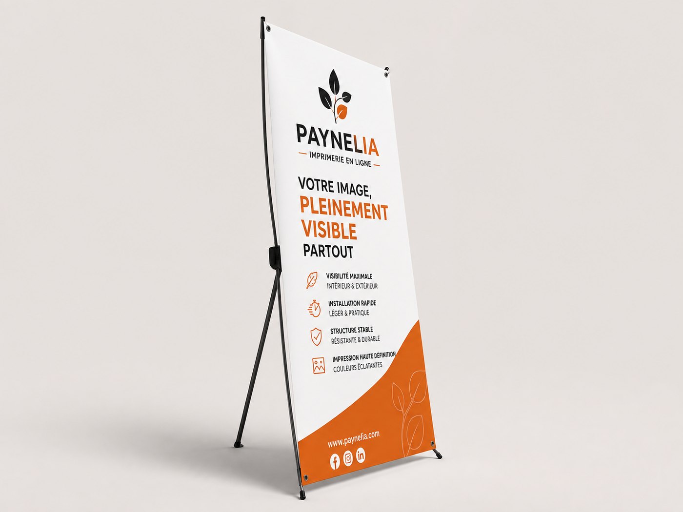 X-Banner personnalisé Paynelia — structure aluminium en croix et bâche imprimée à quatre œillets